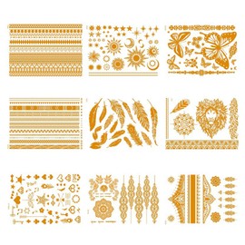 Pack of 9 Golden Tattoos Temporary Tattoo Stickers Glitter Tattoos Festival Tattoos Festive Accessories