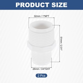 QUARKZMAN Pack of 2 Garden Hose Adapter, Male 1 Inch NPT x 3/4 Inch GHT Garden Hose Connector Male Plastic Connector for Tank and Pool Pump Hoses, White