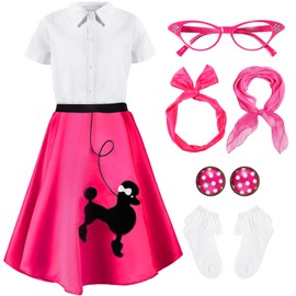Silicherry 1950s Kids Poodle Skirt 50s Sock Hop Costume with Shirt Scarf Headband Earrings Glasses Socks(7-9 Years,Hot Pink)