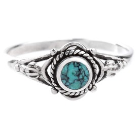 WINDALF Delicate Bohemian Ring Nemesia 7 mm Protection Stone Turquoise Friendship Ring 925 Sterling Silver, Fabric jewellery bag, Turquoise