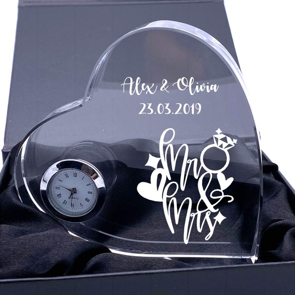 ukgiftstoreonline Engraved Heart Crystal Glass Clock Mr and Mrs Wedding Gift