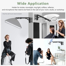 MSKIRA Ring Light Wall Mount with Triangle Base, 43.3inch/110cm Length Adjustable Support 180° Flexible Rotation, Wall Mount Boom Arm Up to 3.6ft for Photography Strobe Flash, Softbox, Salon