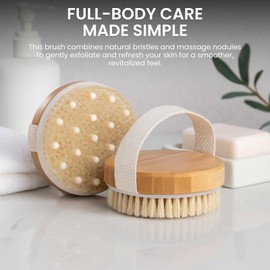 Relumins Wet & Dry Body Brush with Natural Wood Handle - Exfoliating Skin Brush with Boar Bristles & Strap for Smoother, Firmer-Looking Skin