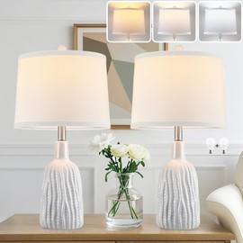 GRUENLICH Ceramic Table Lamp Set of 2 for Nightstand, 22.5" Modern White Bedside Lamp with 3 Adjustable Color Temperature, Bedroom Light for Living Room Desk End Table Office (2 LED Bulbs Included)