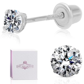Art and Molly 14K Solitaire White Gold Earring – Small 3mm Round Cubic Zirconia Small Stud Earrings with Screw Back, CZ Studs with Gift-Ready Box