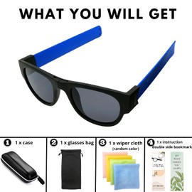 PCShop888 – Slap Sunglasses (Blue) Novelty Foldable Sunglasses, Snap to Your Wrist or Bag, Creative Roll and Clip on Bracelet for Men, Women Kids, UV 400 Protection. Packed in Nice Case, 50mm, 42mm