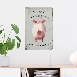 Rustic Pig Metal Sign - Funny Farmhouse Bar Decor with Cute Animal Design in White Dark Shades - 8x12 Inch for Man Cave Garden or Home - Vintage Hippie Style