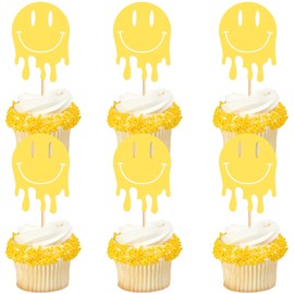 Blumomon 24Pcs Smile Face Cupcake Toppers Picks Lightning Star Preppy Y2k Theme Bachelorette Party Cupcake Decorations Engagement Party Birthday Party Decorations Supplies(Yellow)