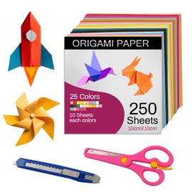 Origami Paper - 250 Sheets - 25 Colors - 3.94 Inch Square Colored Paper for DIY Decoration, Craft Paper, Scrapbook Decor, Folding Crafts(Safety Scissors and Utility Knife Included)