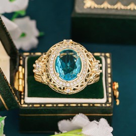 hsiyyecg Vintage Court Style Mystic Yellow Gold Plated Oval Cut Created Blue Topaz Rings CZ Cubic Zirconia Filled,Wedding Promise Anniversary Rings for Her(9)