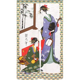 Noren Workshop Noren Ukiyo-e Japanese Style Tapestry Half Noren Tradition Width 33.5 x Length 59.1 inches (85 cm) x Length 59.1 inches (150 cm) Japanese Music Mohair Fabric 3044