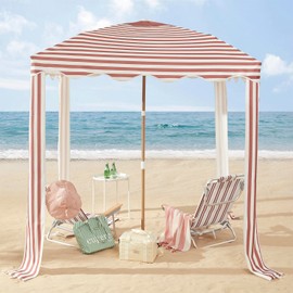 Striped Beach Cabana with Vent and Sand Pockets, 6.5FT x 6.5FT UPF 50+ Sun Shelter, Easy Setup Portable Beach Canopy, Wind-Resistant Beach Tent, Base Not Included (Garnet)