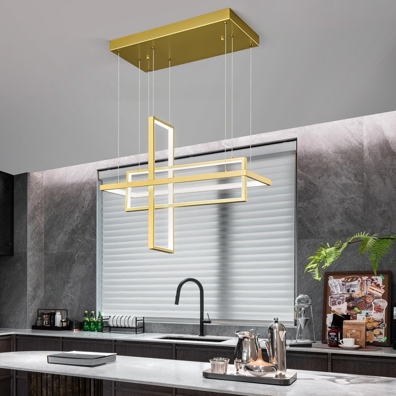 FDPBY Modern LED Chandelier 3 Rings Rectangle Gold Pendant Light
