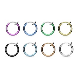 Set of 8 Titanium IP 316L Stainless Steel Spring Action Non Piercing Septum, Ear, or Nose Hoop Rings (Set of 8)
