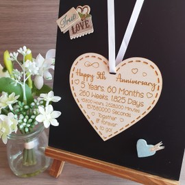 Happy 5th Anniversary Gift for Couples 5th Wedding Anniversary Gifts for Him Her Wedding Present for Husband 5 Years Celebration Keepsake Wooden Heart Plaque for Wife Spouse Partner
