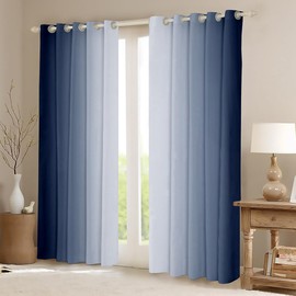 jejeloiu (2 Panels, 42 x 63 Inch Navy Blue and White Darkening Drapes Gradient Style Curtains for Bedroom for Kids Women Men Ombre Printed 30%-50% Blackout Curtains Geometric Window Treatments