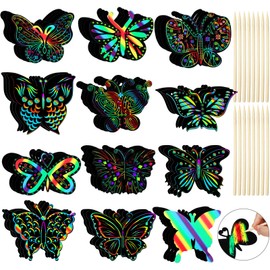 48 Pcs Butterfly Scratch Cards for Kids Rainbow Spring Scratch Crafts 12 Styles Scratch Off Butterfly Party Favors for DIY Crafts Home Decoration Art Project Games, Bamboo Stylus Included