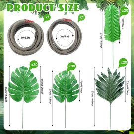 Preboun 2 Pcs 20ft Jungle Theme Party Decorations Tropical Rainforest Leaves Safari Artificial Rattan Decorations with 100 Pcs Fake Tropical Palm Leaves for Indoor Outdoor Forest Garden Party Decor