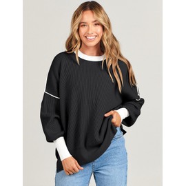 ANRABESS Womens Oversized Sweaters Fall 2024 Fashion Crewneck Batwing Long Sleeve Side Slit Knit Pullover Sweater Tops Black-M