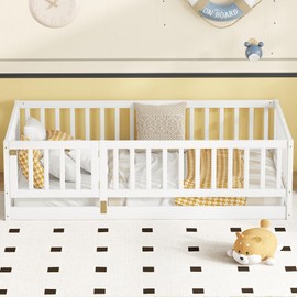 espidoo Twin Montessori Floor Bed: Pine Wood Kids Bed with Fence & Door - Safe Sleeping & Play Space for Toddlers - Easy Assembly White Twin Size 77" L x 41.5" W