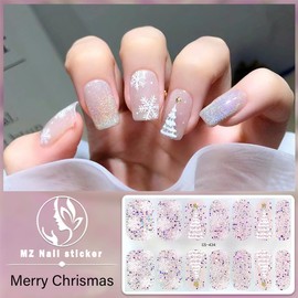 4 Sheets Christmas Gel Nail Stickers for Nail Art,Snowflake Nail Warps Stickers Self-Adhesive Xmas Elk Glitter Nail Polish Strips Christmas Tree Nail Gel Strips Winter Nail Sticker for Women
