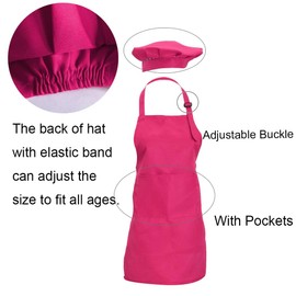 CWFUN 2 Pcs of Hot Pink Kids-Children Apron and chef hat Set, Bib Adjustable Aprons with 2 Pockets for Kids Boys Girls-Children Kids Kitchen Chef Cooking and Baking Painting Wear(4-12 Years Old,1set)