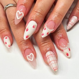 French Tips Medium Almond Press on Nails, Glossy Strawberry False Nails Gel Glue on Nails with White Love Heart Design, Pearl Grid Line Manicure Art Fake Nails Stick on Nails for Women Girls