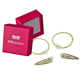 HAARallerliebst Hair Accessories Set (4 Pieces | Hearts with Pearls | Gold Glitter) for Girls with Storage Box (Box Colour: Pink)