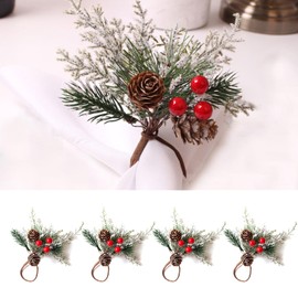 MEISH 12pcs Christmas Napkin Rings Christmas Pine Cones Red Berry Napkin Holder Christmas Table Pine Cones Napkin Dinner Table Decoration for Xmas Anniversary Dinners