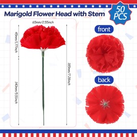 Syhood 50 Pcs 4th of July Marigold Flower Bulk Memorial Day Decorations Patriotic Flores Artificiales para Decoracion Flowers for Floral with Stems DIY Garland(2.4 Inch,Independence Day Colors)