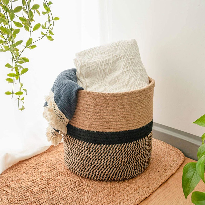 Woven Laundry Basket Cotton Rope Multifunctional Clothes Storage Hamper with