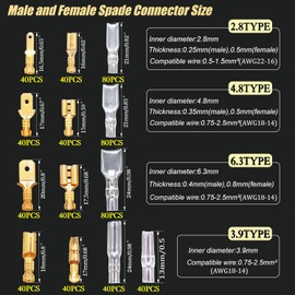Twidec/642Pcs 2.8/4.8/6.3mm Quick Splice Male and Female Wire Spade Connector Crimp Terminal Golden Kit with Wire Terminal Crimping Pliers Tools 26-16AMG for Electrical Wiring Car Audio Speaker