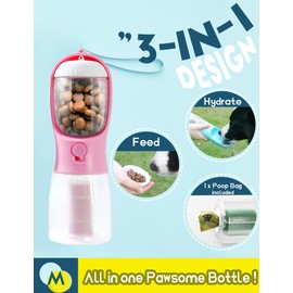 MoonyMars MoonyMars Portable Dog Water Bottle, 3-in-1 Dog Travel Water Bowl with Food Container & Poop Bag Holder, Pet Water Dispenser Summer Outdoor Walking Hiking Accessories for Small Dog - Pink, 10oz