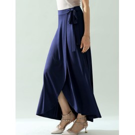 DOUBLJU - Maxi faldas bohemias de cintura alta con abertura hasta el tobillo, falda larga y básica para mujer con talla grande, Cwbls037_azul marino, X-Large