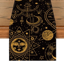 Artoid Mode Black Gold Astrology Occult Moon Magic Table Runner, Kitchen Dining Table, Coffee Table Decoration, Indoor, Holiday, Party Decor, 40 x 180 cm