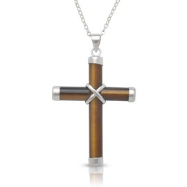 JewelryWeb Curata 925 Sterling Silver 16-inch Stabilized Cross Pendant Necklace (25mm x 35mm) (Blue Turquoise, Brown Tigers, Dyed Pink) (Brown Tigers)