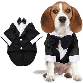 Dog Shirt Puppy Clothes, Pet Wedding Suit Formal Tuxedo with Black Bow Tie, Dog Outfit for Small Medium Dogs Cats, Dog Weding Attire Dress Up Cosplay Prince Costume Gentleman Apparel (Large, Black)