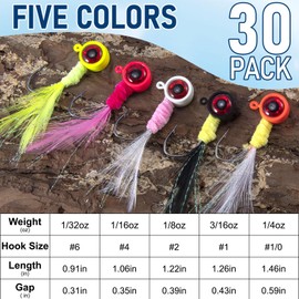 Alwonder 30-Pack Marabou Jigs Kit, Fishing Crappie Jigs Heads Trout Panfish Lures with Feather, Hand-Tied Hair Round Fishing Head Jig Hooks for Bass Walleye Bluegill 1/16oz