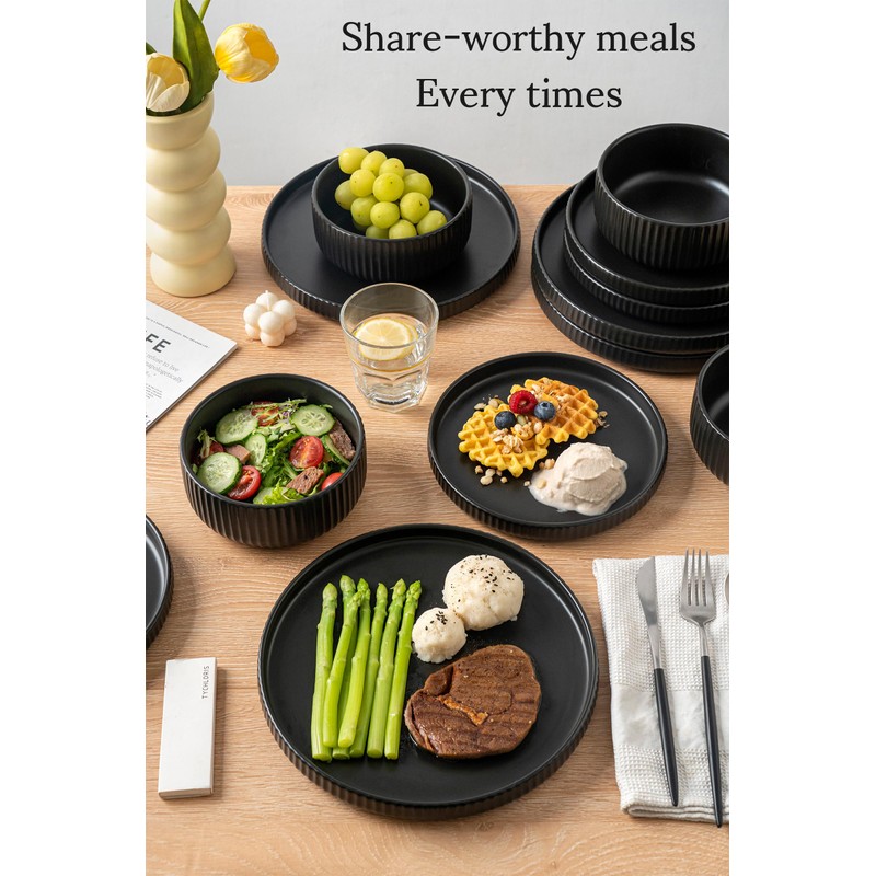 FOBENTA Modern Plates and Bowls Set for 6,18 Piece Black