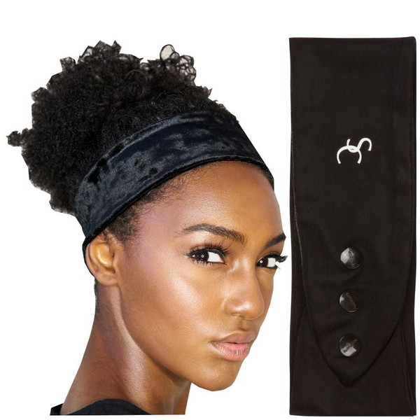 Women’s Fashion Headband for Natural, Curly Hair | No-Slip, 3-Snap, Adjustable, Washable, Turban Headwrap (Black)