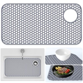 Sink Protector for Kitchen Sink Mat - 28.35"x14.37" Kitchen Sink Pad for Bottom of Sink Protec of Stainless Steel Sink Tableware Farmhouse Rubber Sink Mat Protector with Top Right Drain - Light Gray