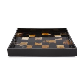 Howard Elliott Elias Horned Tiled Wooden Serving Tray with Handle, Brown & Black Finish Decorative Square Wooden Tray Platters for Serving on Breakfast, Parties, Weddings, 15.75 x 15.75 Inch