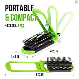 Pack of 4 Portable Folding Hair Brush with Mirror Compact Pocket Hair Compact Anti-static Hair Comb - Hair Styling Tools Pocket Size for Travel Car Gym Bag Purse-Black