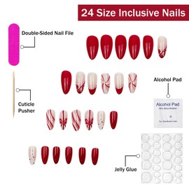 Christmas Press on Nails Medium Almond SWEKKE French Tip Fake Nails False Nails with Stripes Snowflake Xmas Tree Bow Designs Red&White Glossy Glue on Nail Winter Acrylic Nails for Women Girls 24Pcs