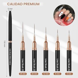 Artdone Bolígrafos metálicos para arte de uñas, juego de 5 brochas de color negro para líneas largas, detalles finos, dibujo fino, pincel de delineado