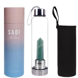 SAOI Crystal Water Bottle - Aventurine - Natural Wellness Healing - Glass/Stainless Steel