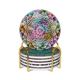 Mandala Drink Coasters with Holder - 6 Set Ceramic Coaster for Drinks Absorbent with Cork Base and Golden Holder - Coasters for Coffee Table Apartment Wooden Bar Mugs Glasses Cup Beer