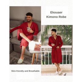 Ekouaer Mens Robes Lightweight Waffle Knit Kimono Bathrobe Long Sleeve Sleepwear Soft Knee Length Robe with Pockets