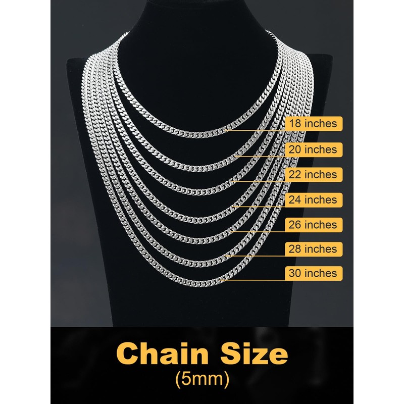 Mens Stainless Steel Chain,5mm Wide Silver Curb Chain Necklace for
