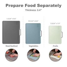 KOFRAND Plastic Cutting Boards with Grinding Area and Measurement, Cutting Boards for Kitchen Dishwasher Safe, Set of 3 with Holder, Non-Slip Design, Stainless Steel Handle, Blue